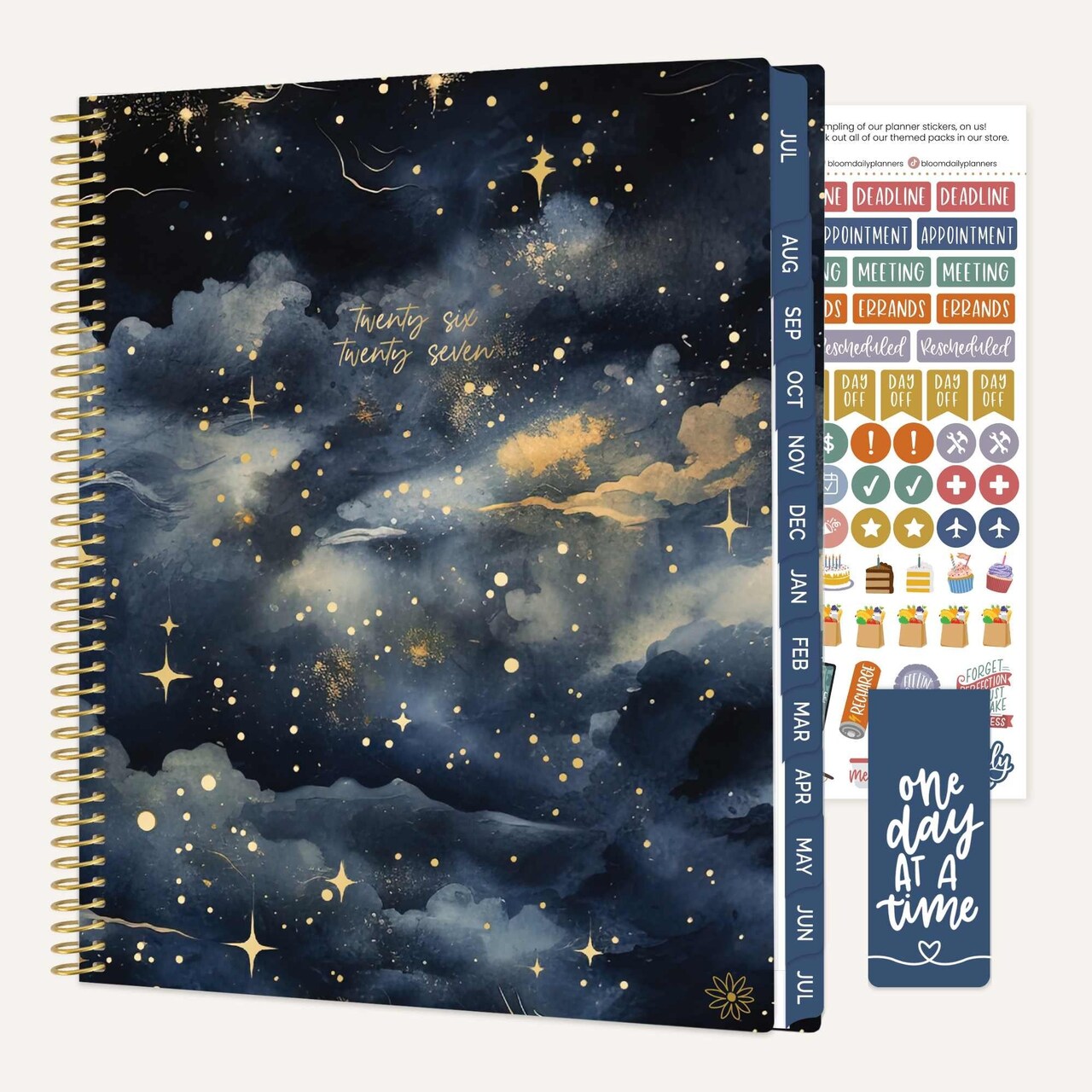 bloom daily planners 2026-2027 Academic Planner, 13 Month Soft Cover Monthly & Weekly, 8.5" x 11", Stickers Included, Midnight Sky